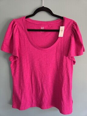 ​GAP NWT Fuchsia Pink ForeverSoft Scoop Neck Flutter Sleeve T-Shirt L